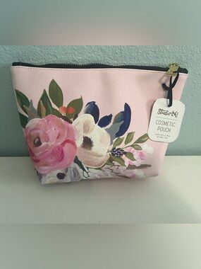 Studio C Floral Pink Zip Cosmetic Pouch with Navy Trim